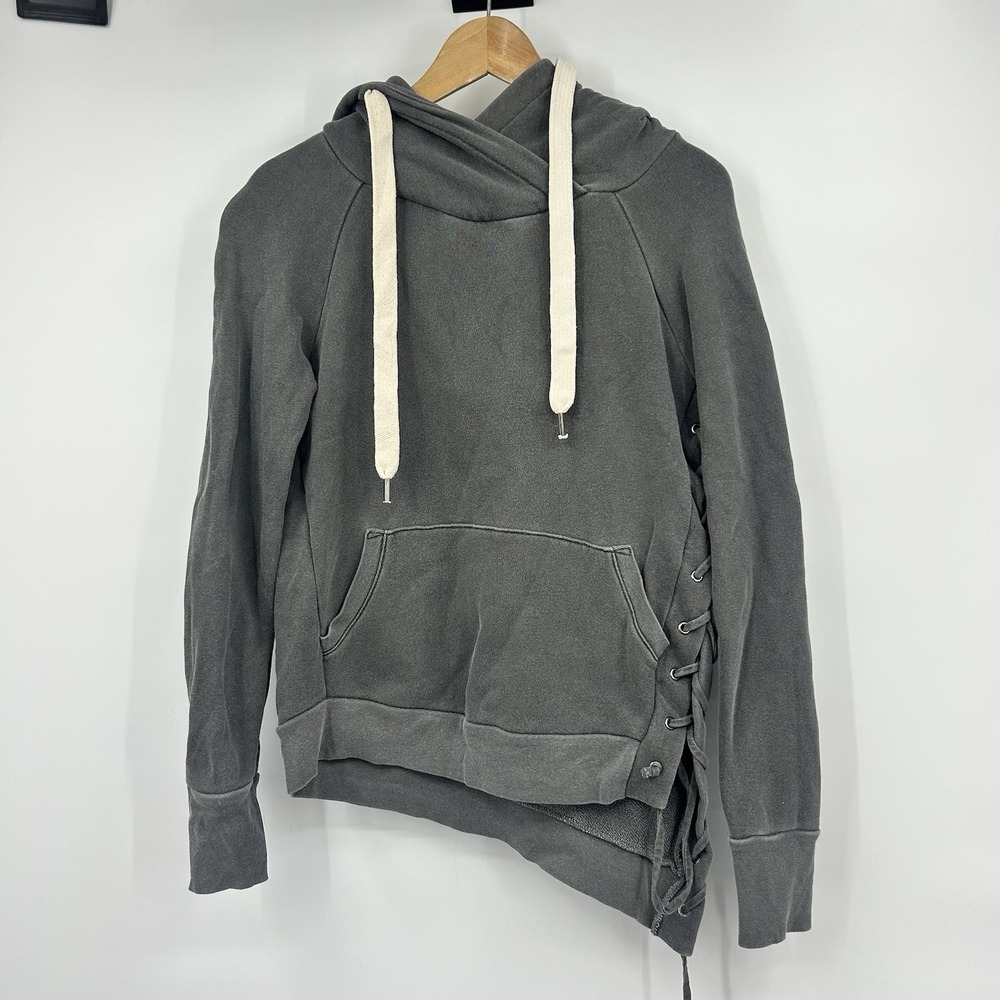NSF Enzo Hoodie Womens XS Gray Lace Up Side Pullover Distressed Made USA